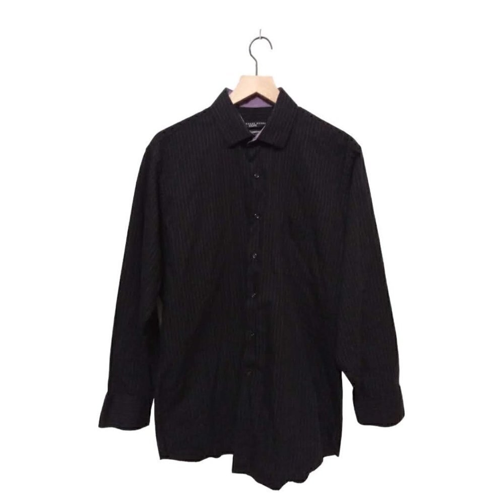Geoffrey Beene Black & Purple Pinstripe Fitted Button Down Shirt Neck Sz 16